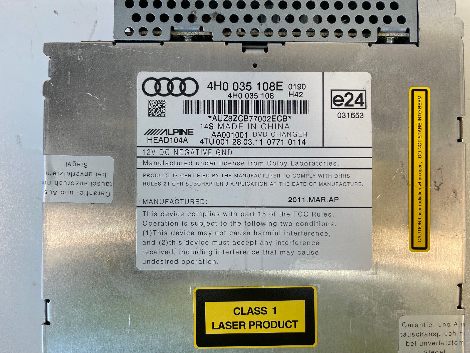 2011 - 2014 AUDI A8 A8L AUDIO CD DVD PLAYER CHANGER MODULE 4H0035108E OEM