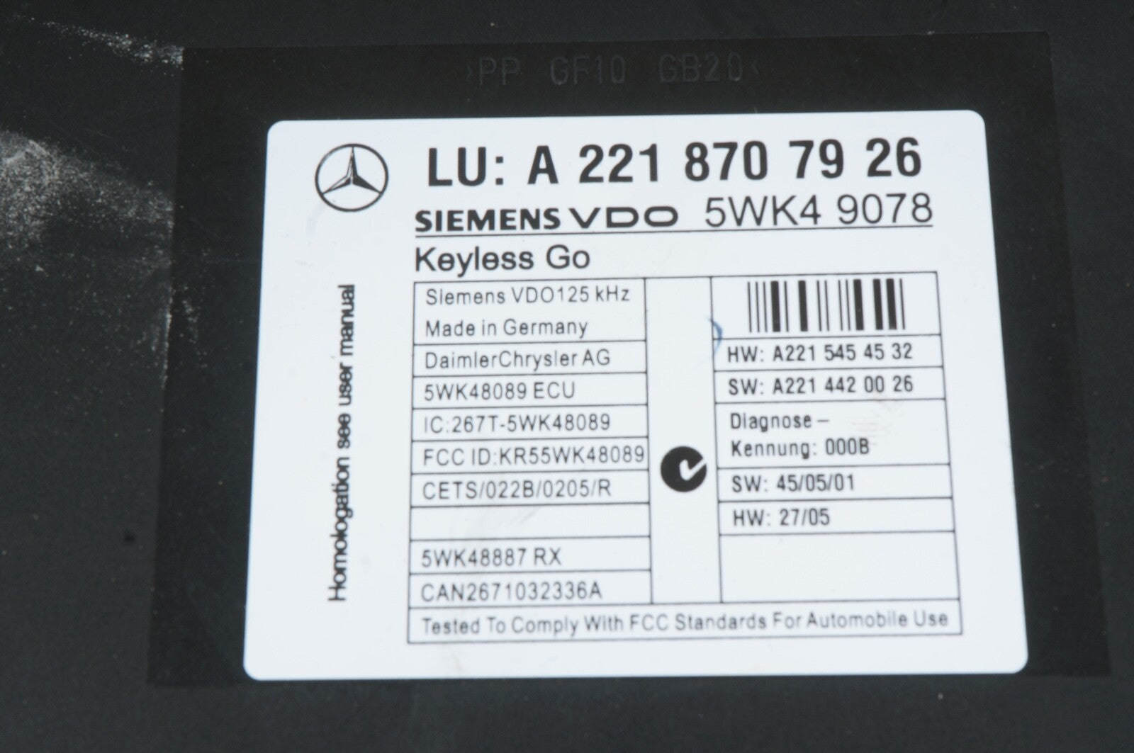 07-10 MERCEDES BENZ S 550 THEFT LOCKING KEYLESS ENTRY CONTROL MODULE UNIT OEM