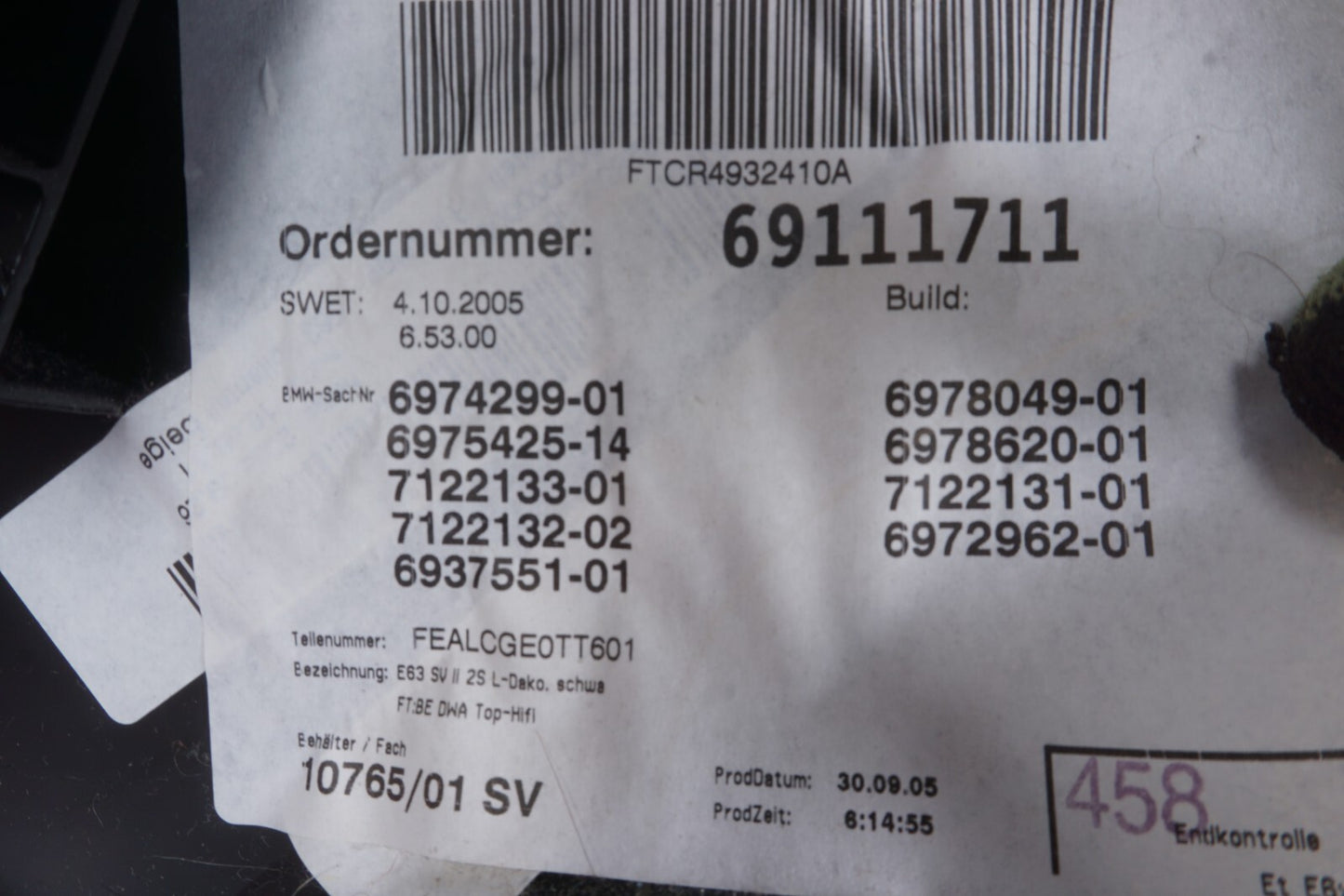 2006 - 2010  BMW 650i E63 E64 Rear Left Driver Side Quarter Panel Trim OEM