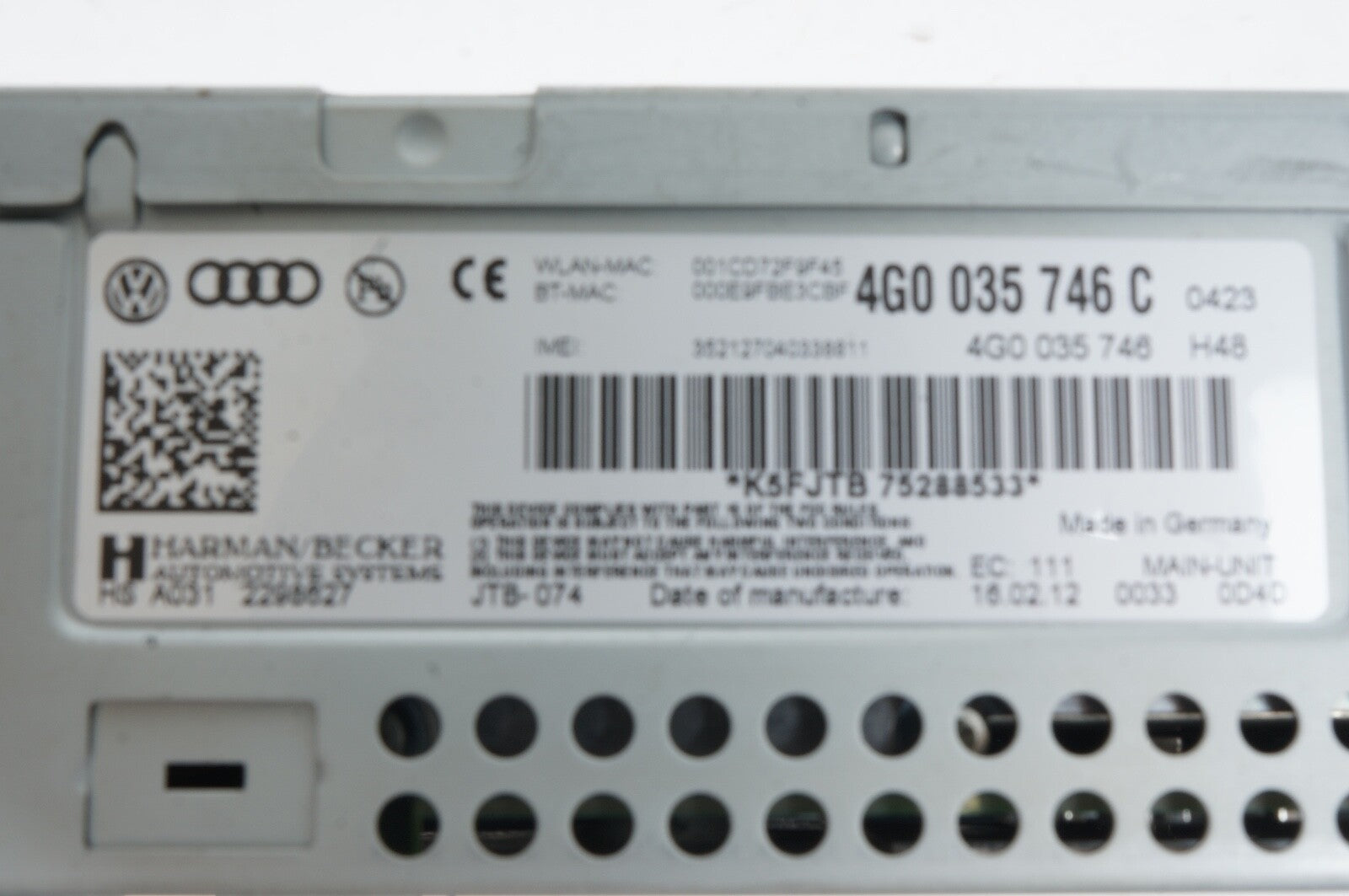 12-15 Audi A6 A7 Dash Mounted Multimedia Player OEM 4G0035746