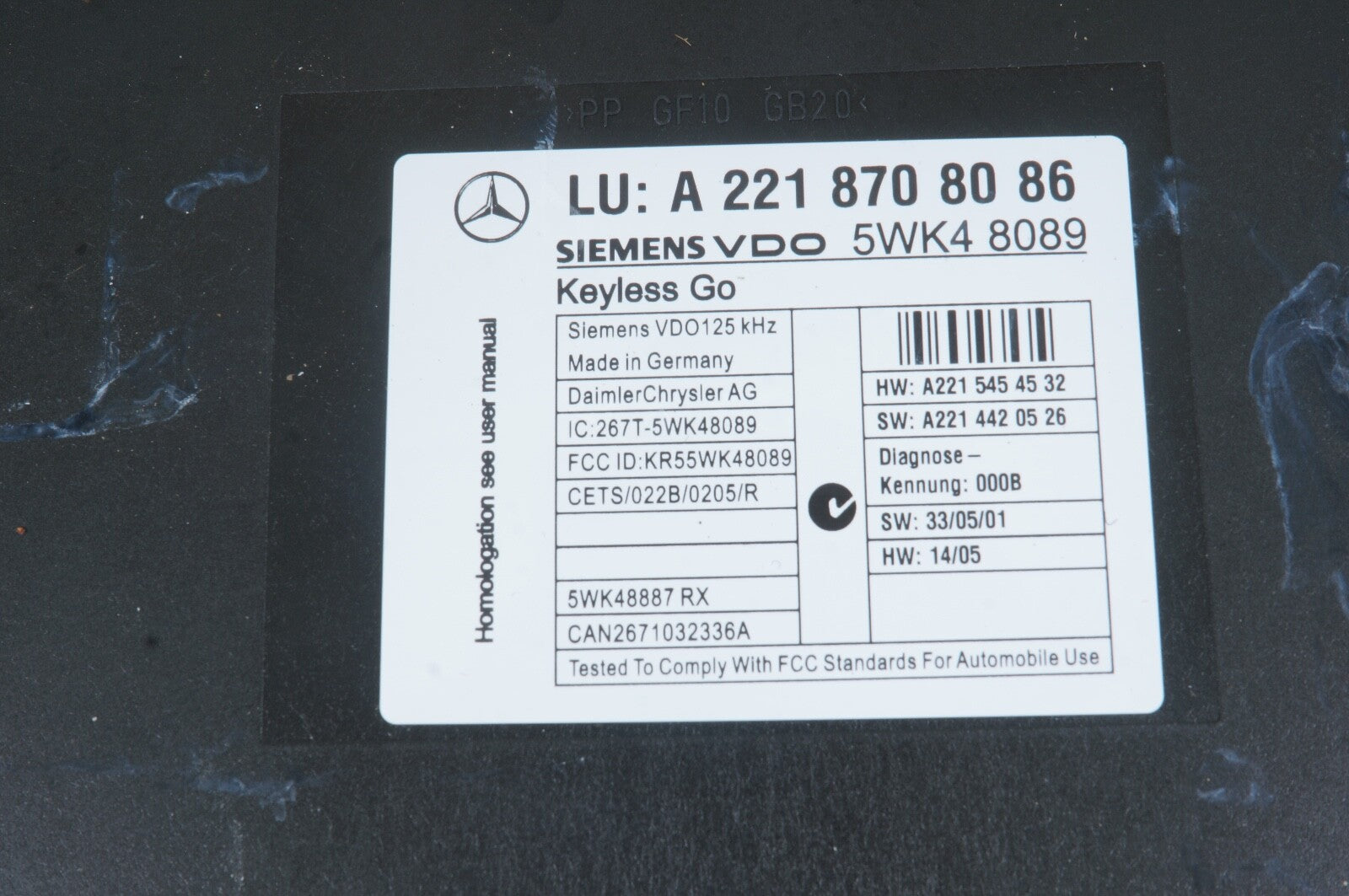 07-10 Mercedes W221 S600 S550 CL550 Keyless Go Control Module 2218707392 OEM