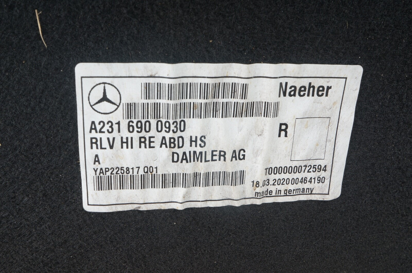 2011-2020 MERCEDES SL CLASS W231  REAR RIGHT SIDE WHEEL ARCH SPLASH GUARD