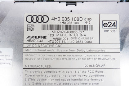 2011 - 2012 AUDI A8 L GAS QUATTRO PLAYER CHANGER CD DVD ALPINE OEM