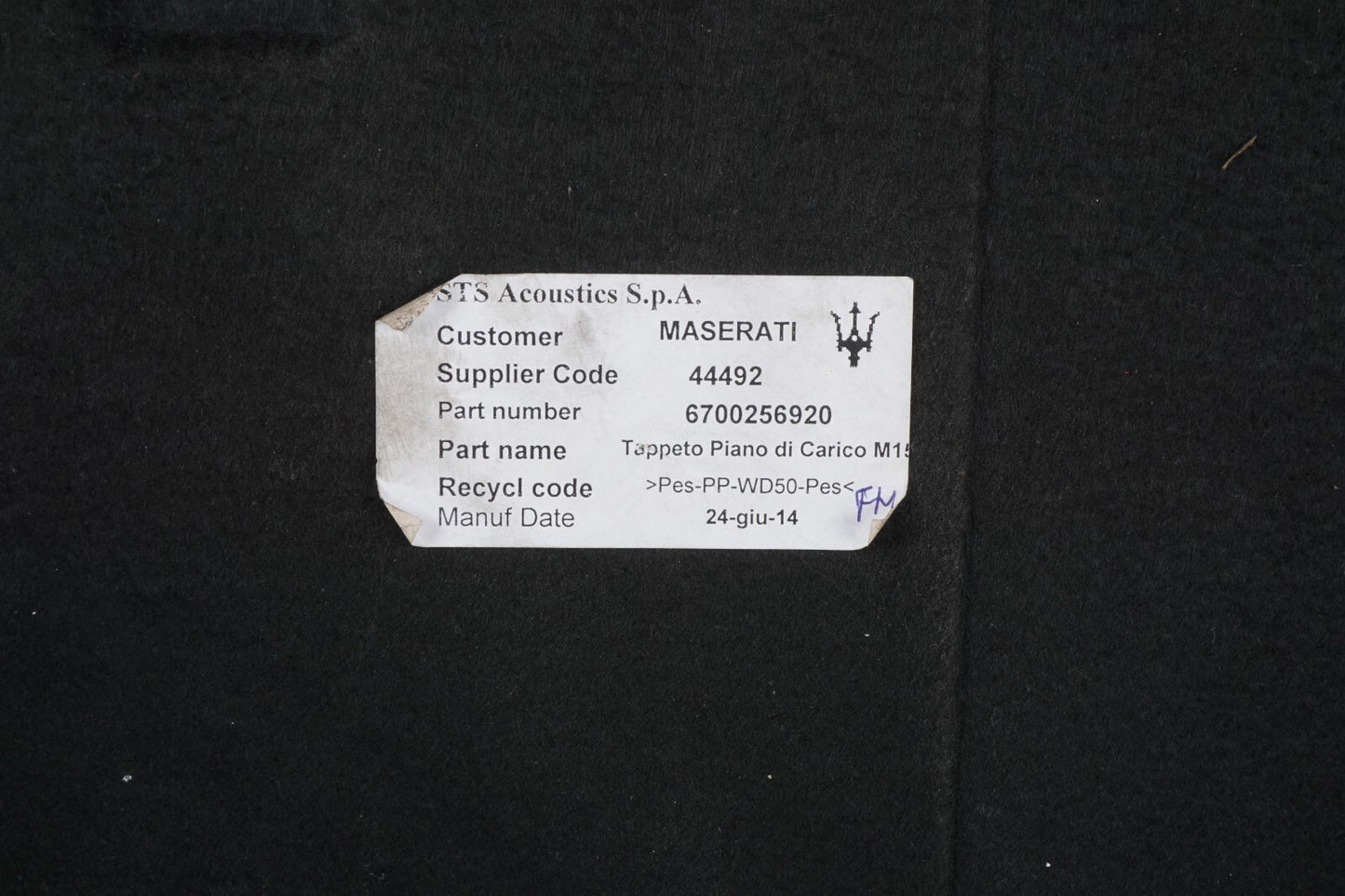 2014 -2019 MASERATI GHIBLI TRUNK FLOOR SPARE TIRE COVER MAT TRIM 6700256920 OEM