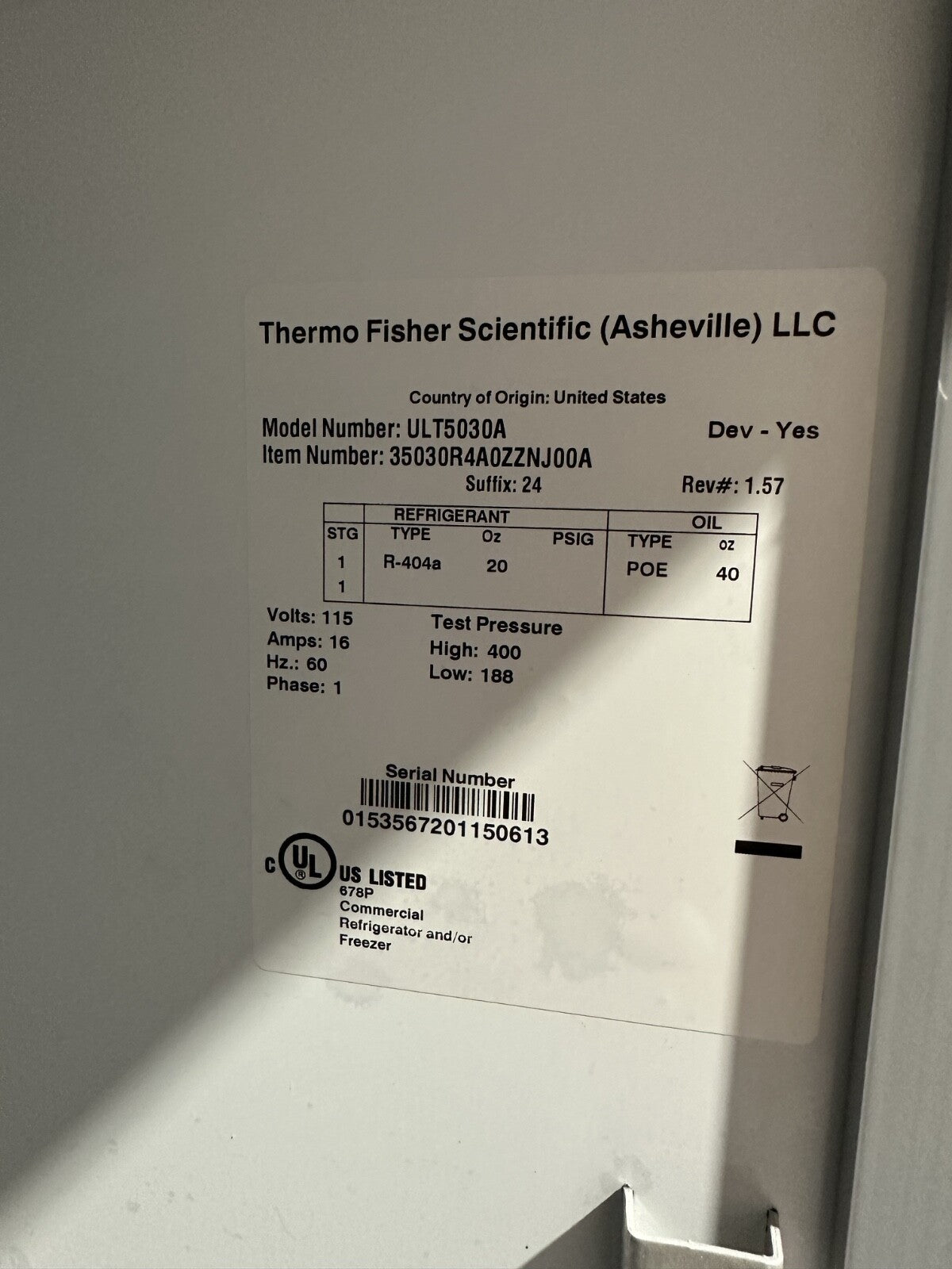THERMO Scientific ULT5030A 20 Refrigerator Laboratory 115V - TESTED