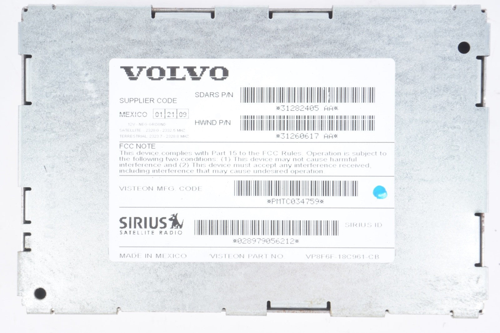 2006-2013 VOLVO C70 SERIES SIRIUS SATELLITE RADIO RECEIVER MODULE 31282405